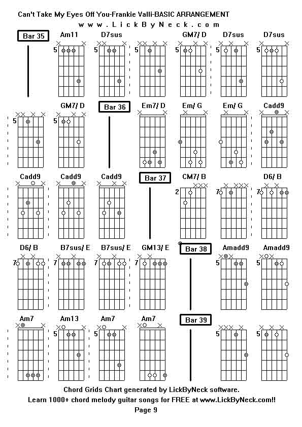 Chord Grids Chart of chord melody fingerstyle guitar song-Can't Take My Eyes Off You-Frankie Valli-BASIC ARRANGEMENT,generated by LickByNeck software.